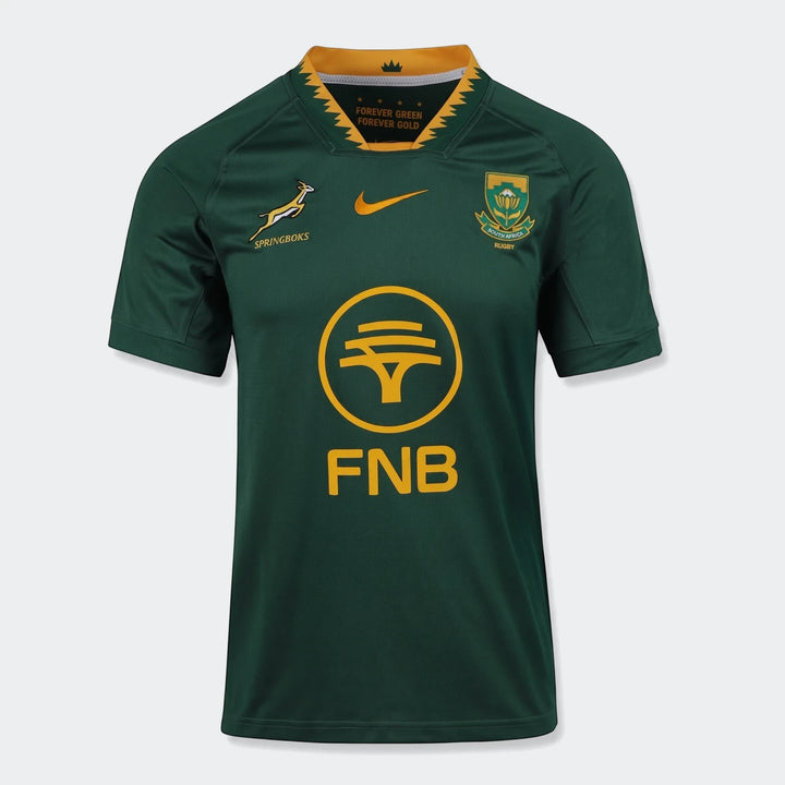 Front view of a dark green Springboks rugby jersey with yellow collar, Springboks, Nike, and FNB logos, laid flat.