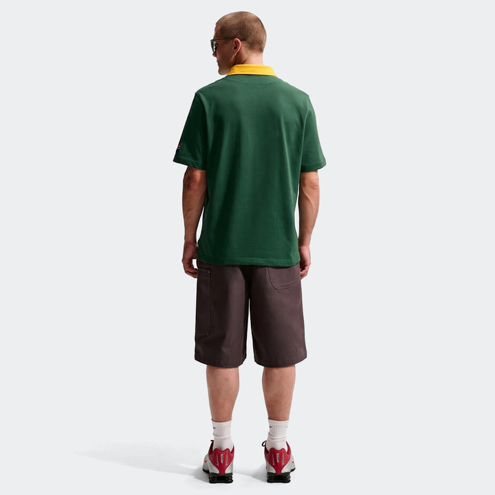 Springboks Men's Rugby Home Short-Sleeve Jersey in dark green with a yellow collar, seen from the back on a male model.