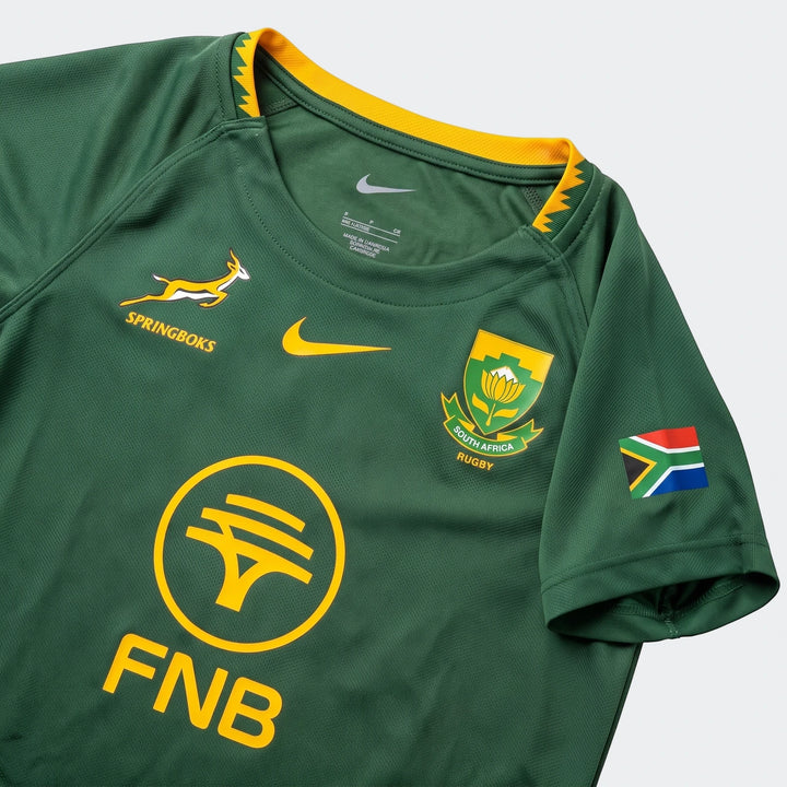 Green Nike Springboks rugby jersey with South Africa Rugby and FNB logos, designed for home games.