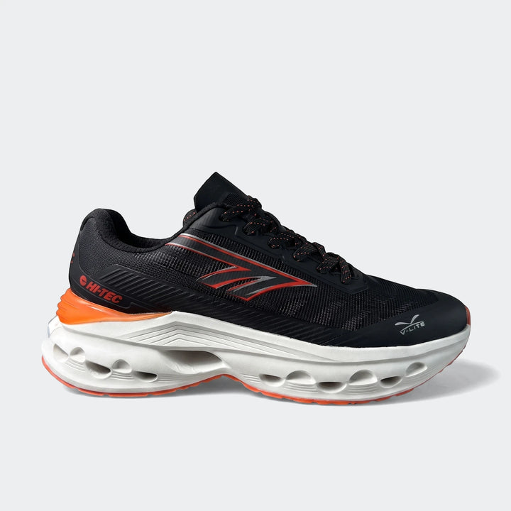 Stelio Black/Orange Sneakers for men, featuring a breathable black mesh upper with vibrant orange accents and a sculpted
