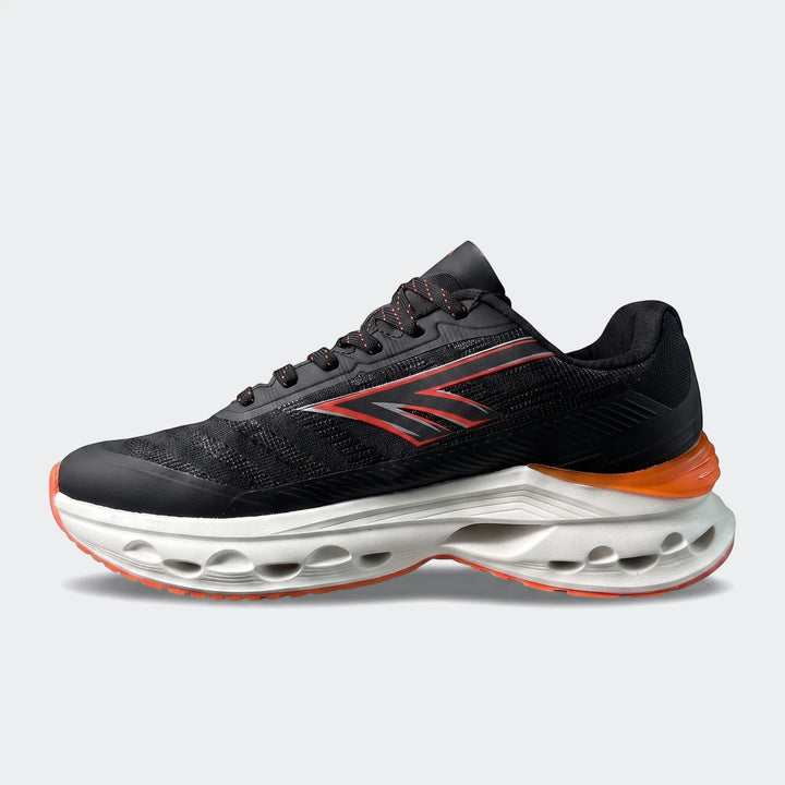 Stelio Black/Orange Sneakers, featuring a black mesh upper, distinctive white and orange sole, and orange accents, shown in