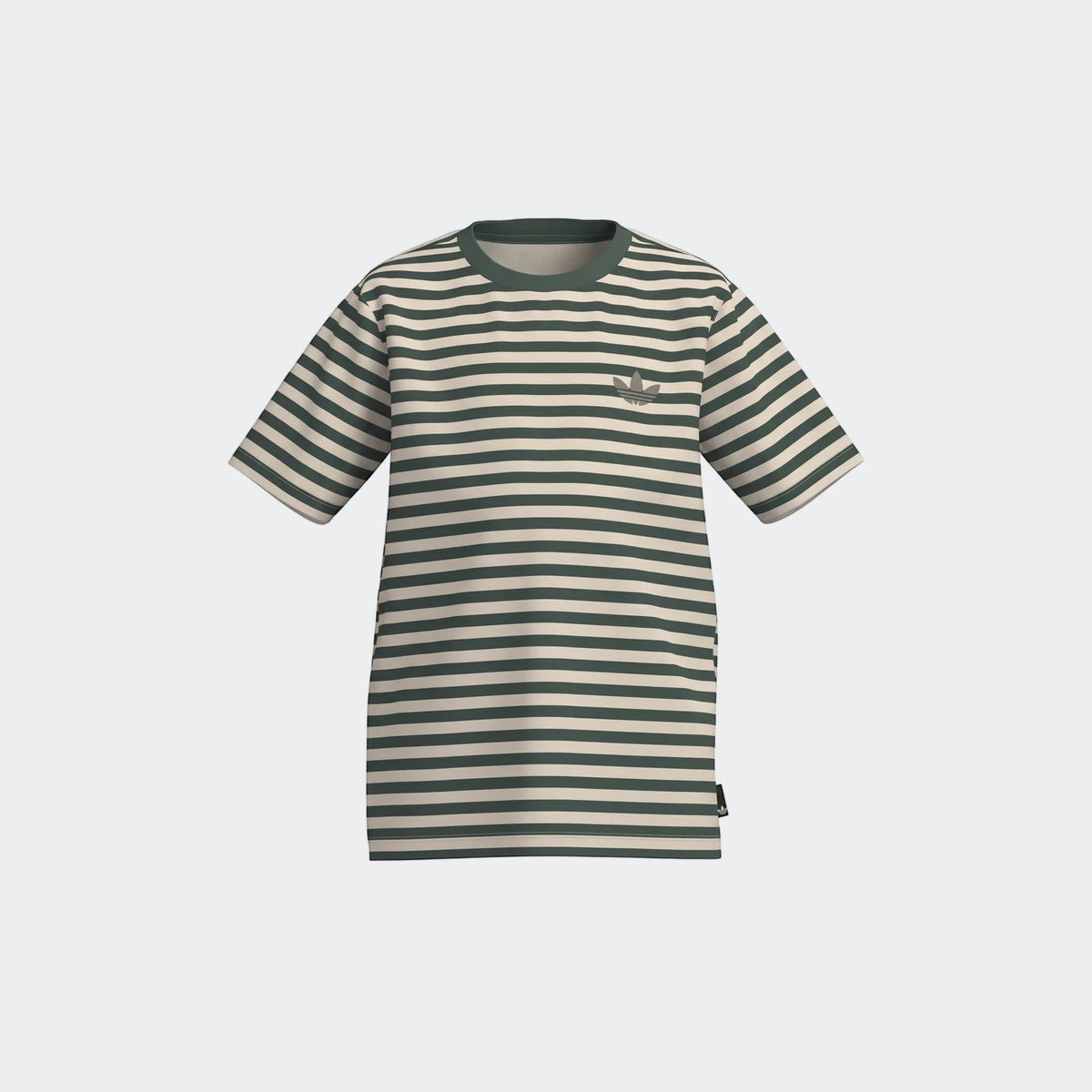 Green and off-white striped short sleeve t-shirt with an Adidas Trefoil logo on the chest, displayed flat lay.
