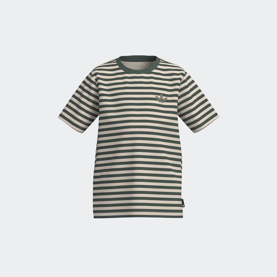 Green and off-white striped short sleeve t-shirt with an Adidas Trefoil logo on the chest, displayed flat lay.