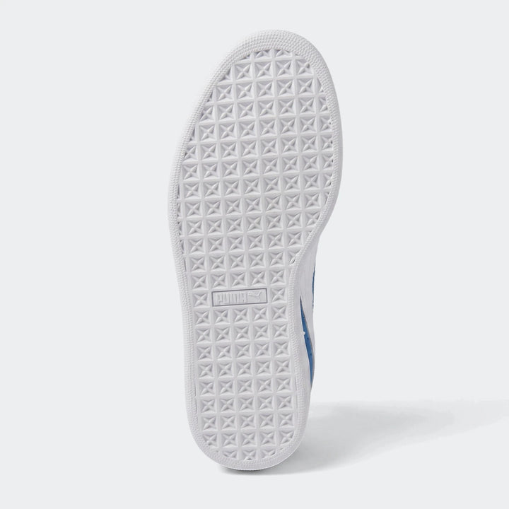 Blue Suede Classic sneakers with a white textured sole, viewed from directly underneath to showcase the sole pattern and