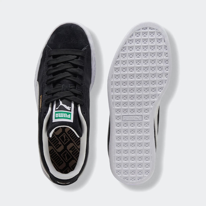 Black suede classic youth sneakers, presented from a top-down perspective showing laces and logo, and a sole-up view.