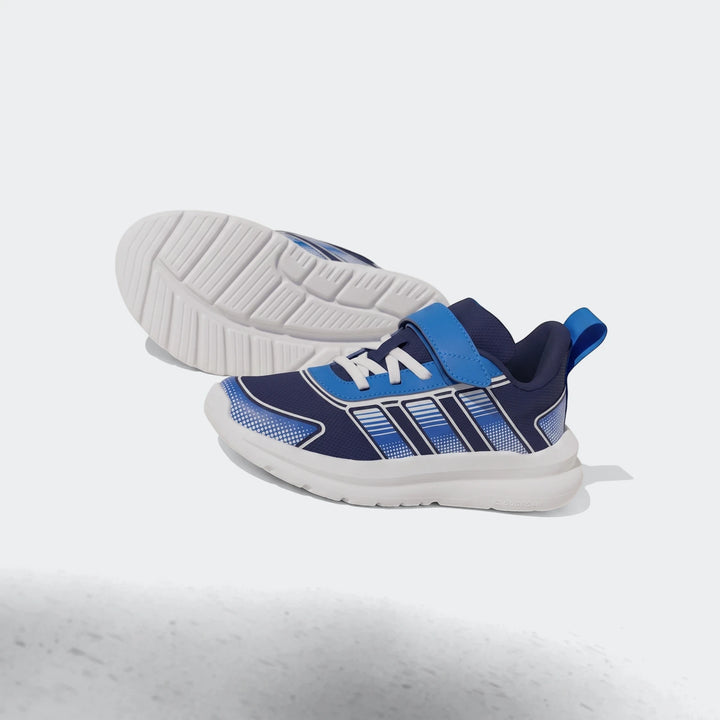Children's Adidas Tensaur Run 4.0 shoes in navy blue, light blue, and white, featuring a velcro strap and textured sole.