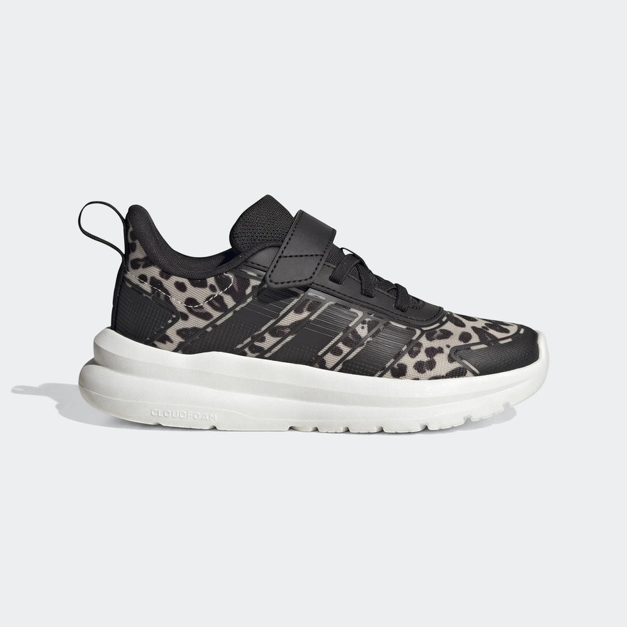 Tensaur Run 4.0 Children's Shoes in black and leopard print with a velcro strap and white sole, side view.