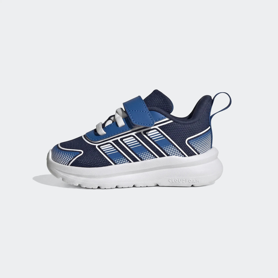 Tensaur Run 4.0 Shoes Infants, blue and white athletic sneakers with hook-and-loop strap and white adidas stripes, side view.