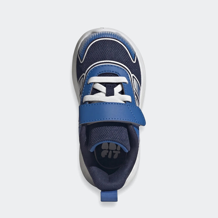 Tensaur Run 4.0 Infants Shoes in navy blue and royal blue with white laces, hook-and-loop strap, and mesh upper, viewed from