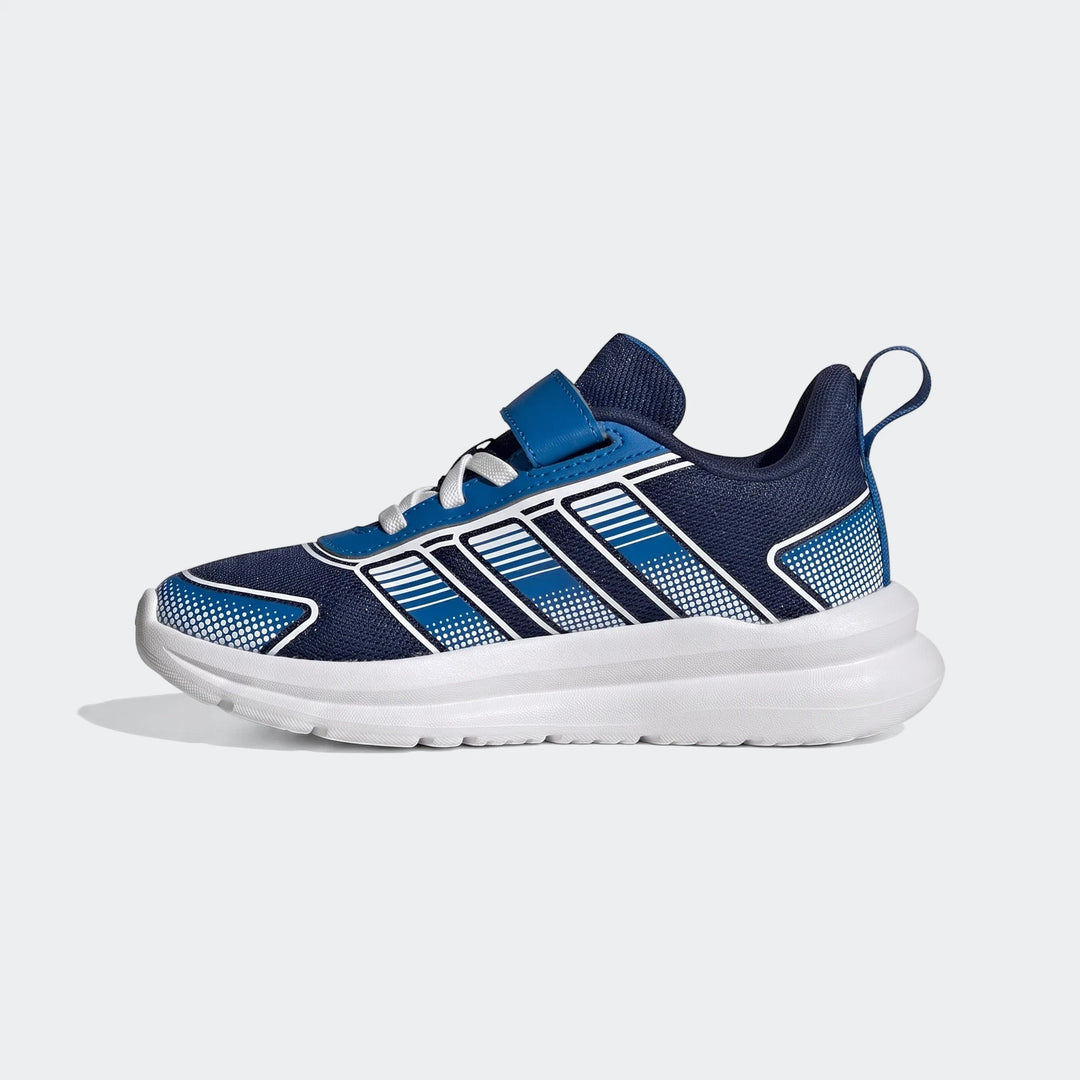 Children's Adidas Tensaur Run 4.0 shoes in navy blue, royal blue, and white, viewed from the side.