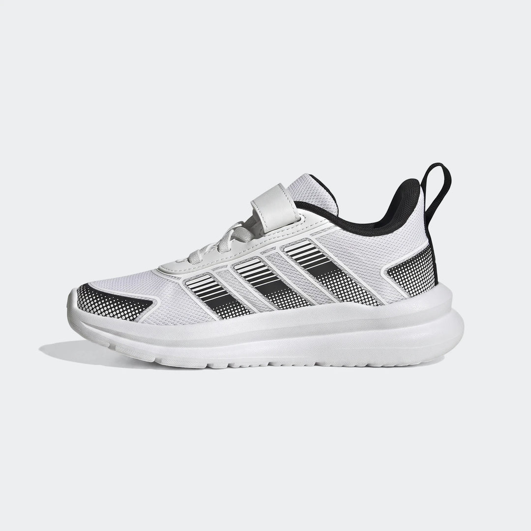 Children's Adidas Tensaur Run 4.0 shoes in white and black, featuring a side profile view.