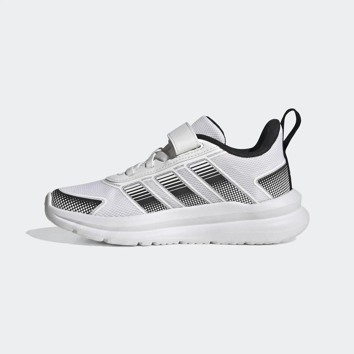 Children's Adidas Tensaur Run 4.0 shoes in white and black, featuring a side profile view.