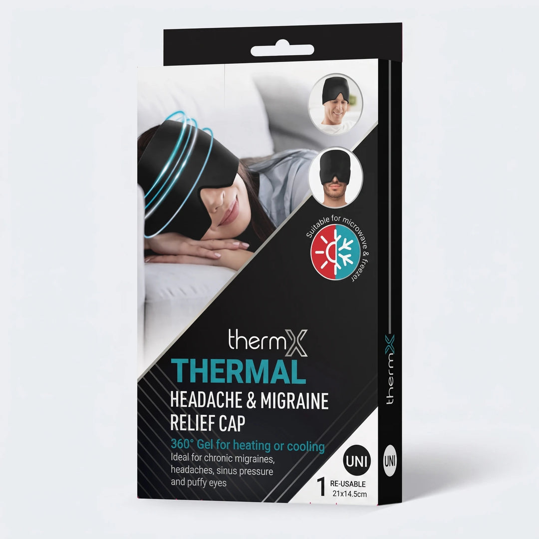 Thermx Thermal Headache Relief Cap in black and white packaging for migraines, featuring gel for heating or cooling relief.