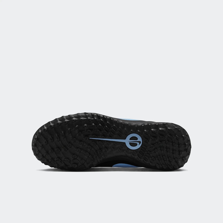 Tiempo Maestro Club Tf black and blue turf boots, bottom view showing the textured sole with light blue accents.