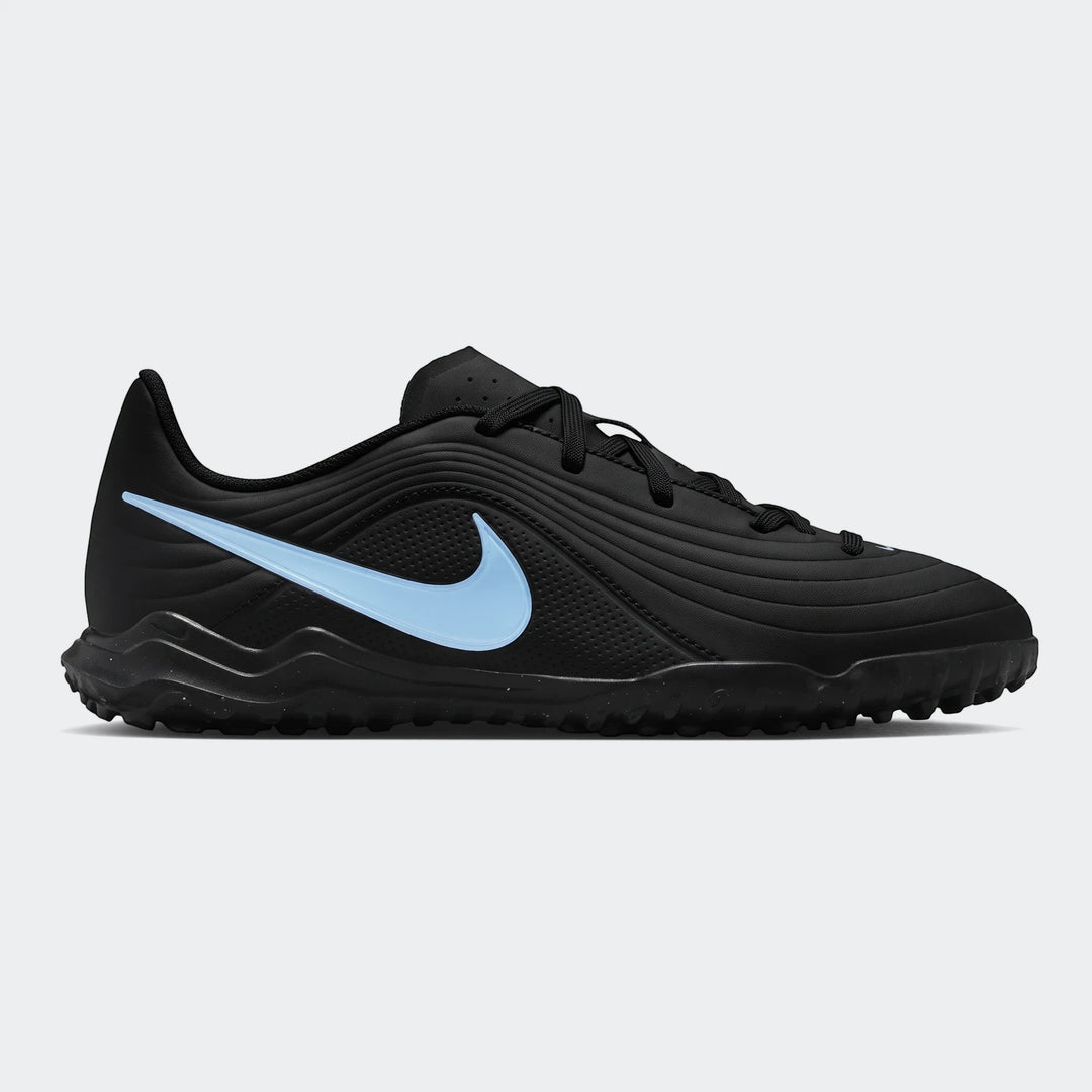 Black Nike Tiempo Maestro Club TF turf boots with a light blue swoosh, shown in a side profile view, designed for traction