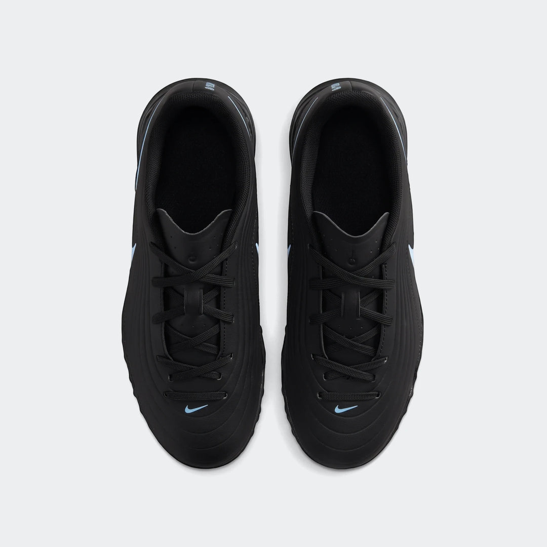 Overhead view of a pair of black Tiempo Maestro Club Tf turf boots with light blue accents and laces.