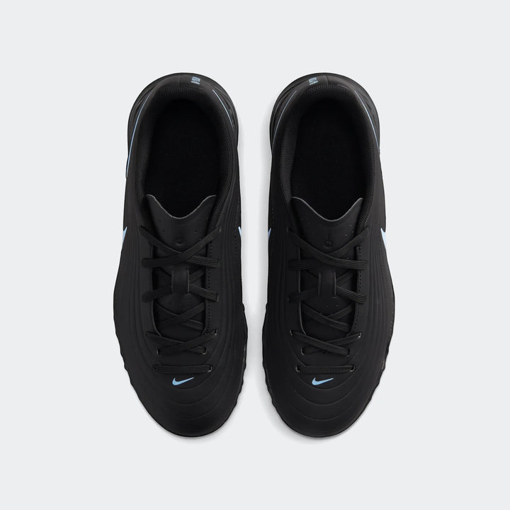 Overhead view of a pair of black Tiempo Maestro Club Tf turf boots with light blue accents and laces.