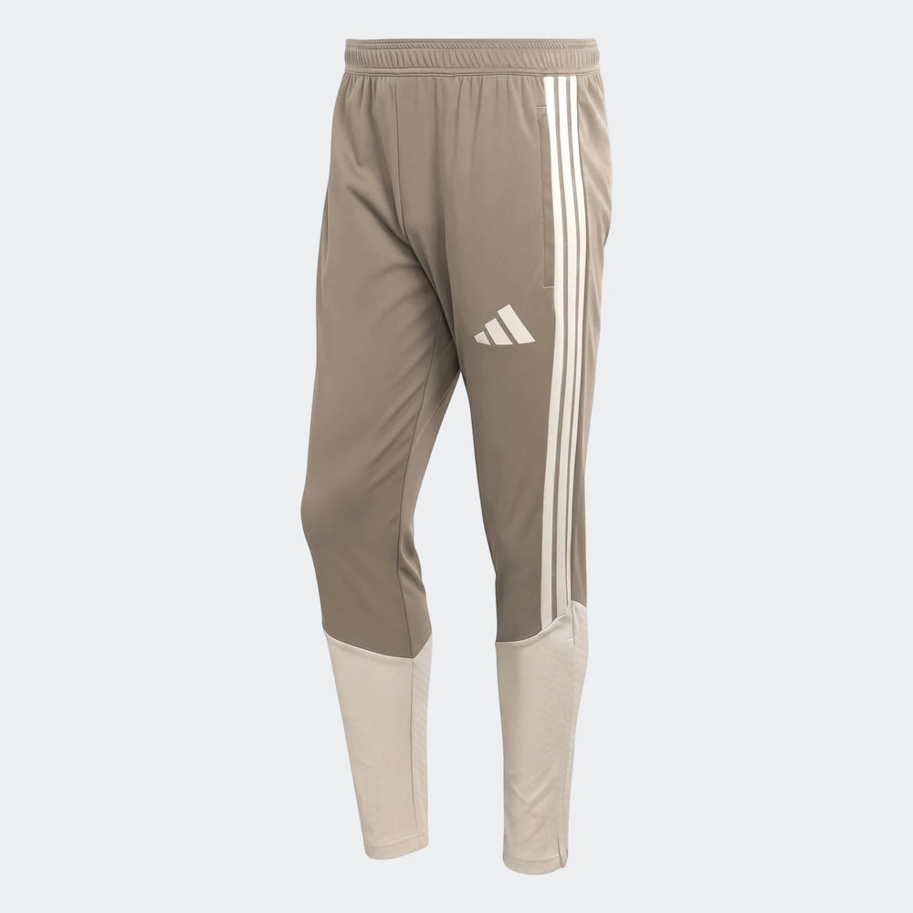 Tior26C men's brown and beige Adidas athletic pants, featuring three white stripes and an elastic waistband.