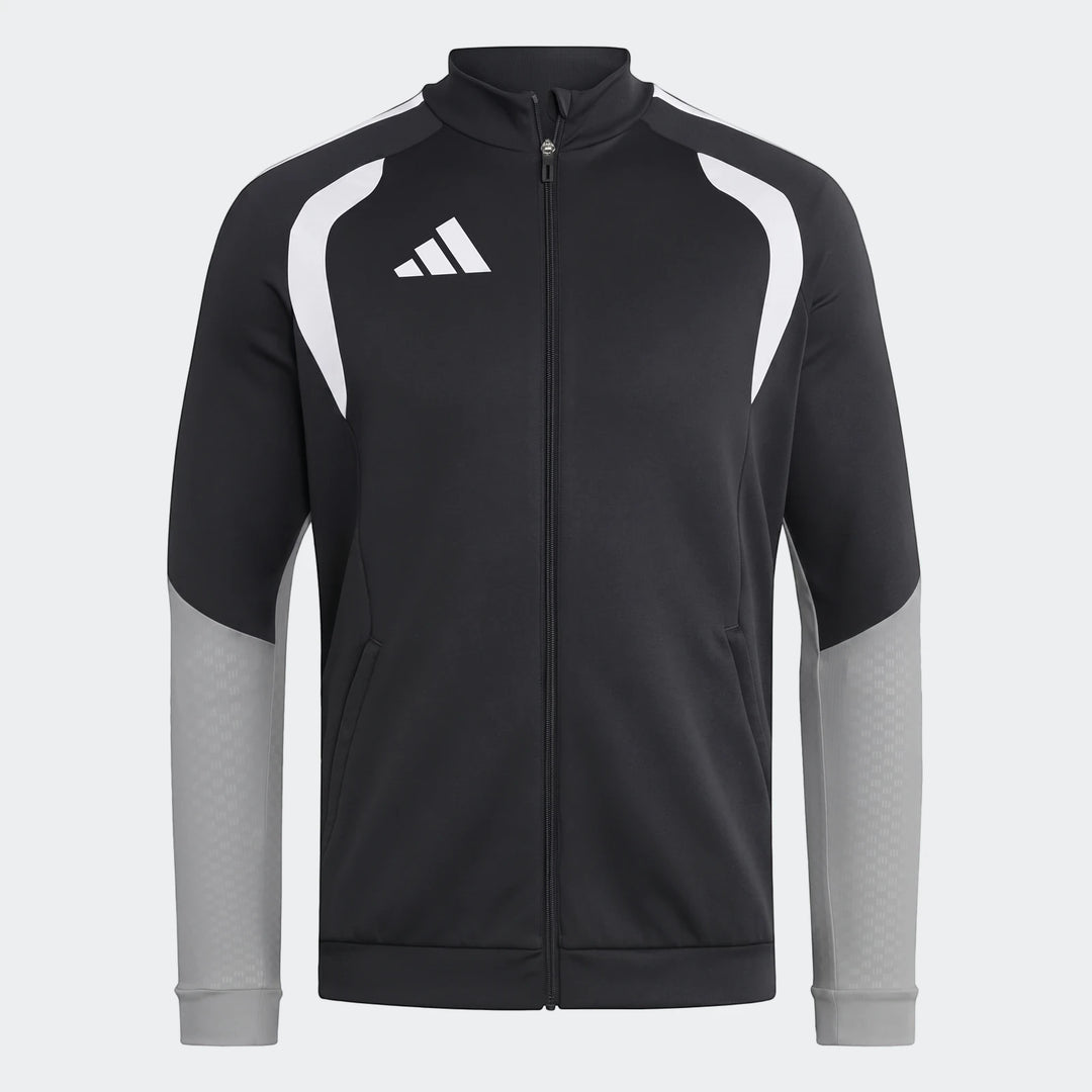 Tiro 26 Competition Training Jacket in black and gray with white accents, full-zip front, and Adidas logo.