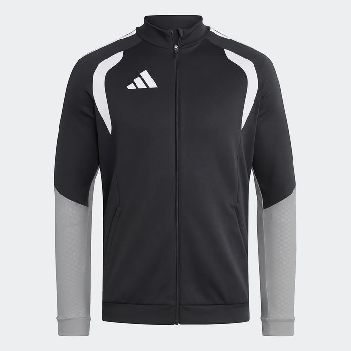 Tiro 26 Competition Training Jacket in black and gray with white accents, full-zip front, and Adidas logo.