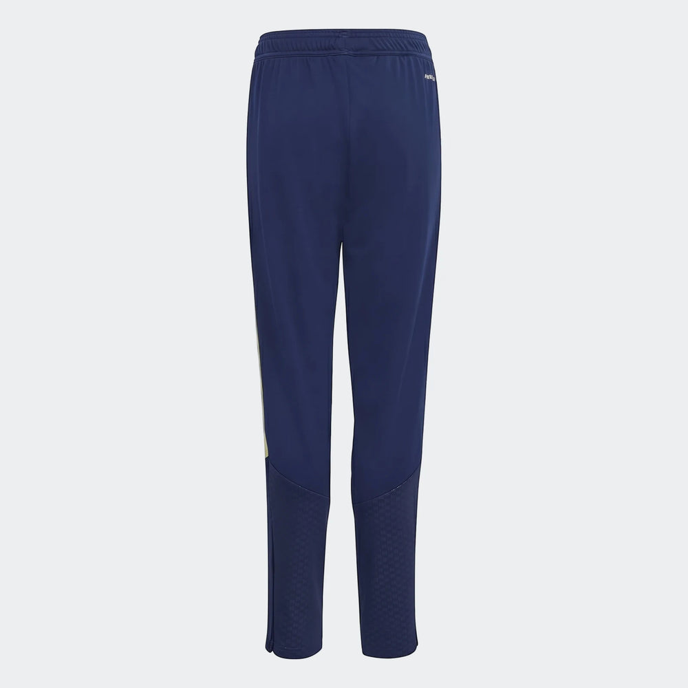 Youth Tiro 26 Competition Training Pants in navy blue with a yellow side stripe, back view. Made for comfort and athletic