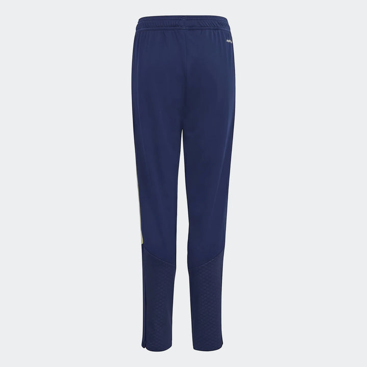 Youth Tiro 26 Competition Training Pants in navy blue with a yellow side stripe, back view. Made for comfort and athletic