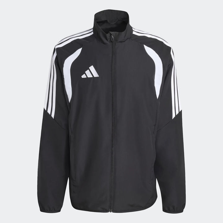 Black Adidas Tiro 26 League Presentation Jacket with white three stripes and logo, front view, for athletic wear.