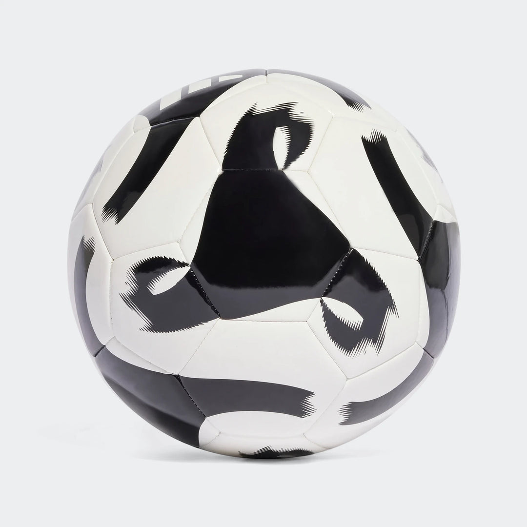 A black and white Tiro Clb soccer ball with graphic panels and stitched construction, viewed from the front.
