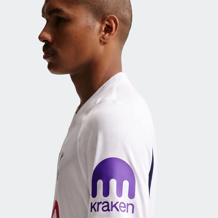 Side view of a man wearing the white Tottenham Hotspur 2026/27 Stadium Home Men's Nike Dri-Fit Soccer Replica Jersey with