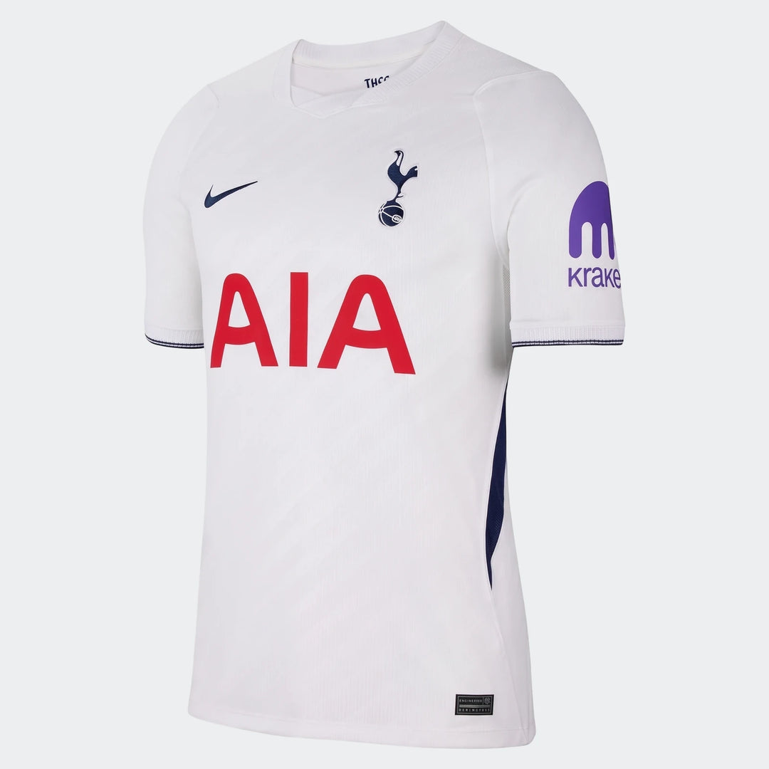 White Tottenham Hotspur 2026/27 Stadium Home Men's Nike Dri-Fit soccer replica jersey with navy and red logos, displayed