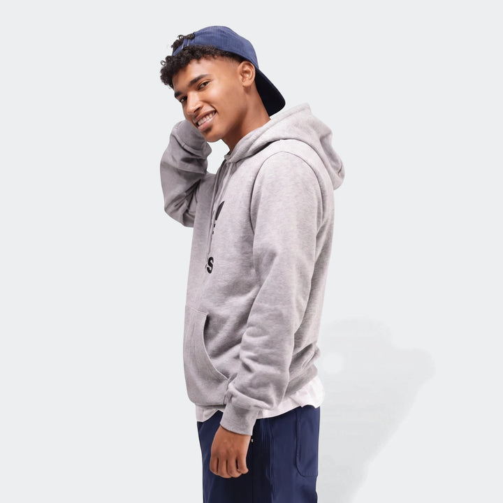 Trefoil Hoodie in light gray fleece, pullover style with hood and kangaroo pocket, shown in side view.