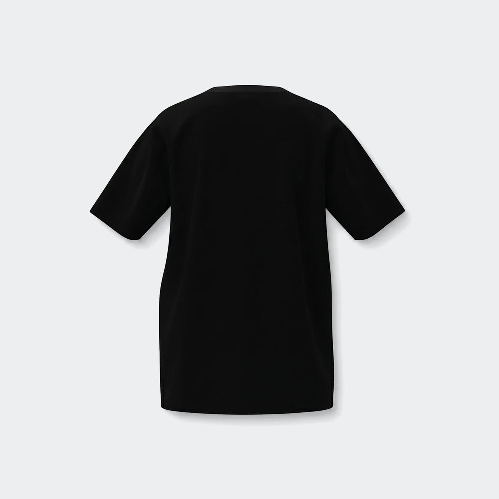 Black short sleeve t-shirt, plain back view, made from soft fabric. The U Bl 2 Tee in black.