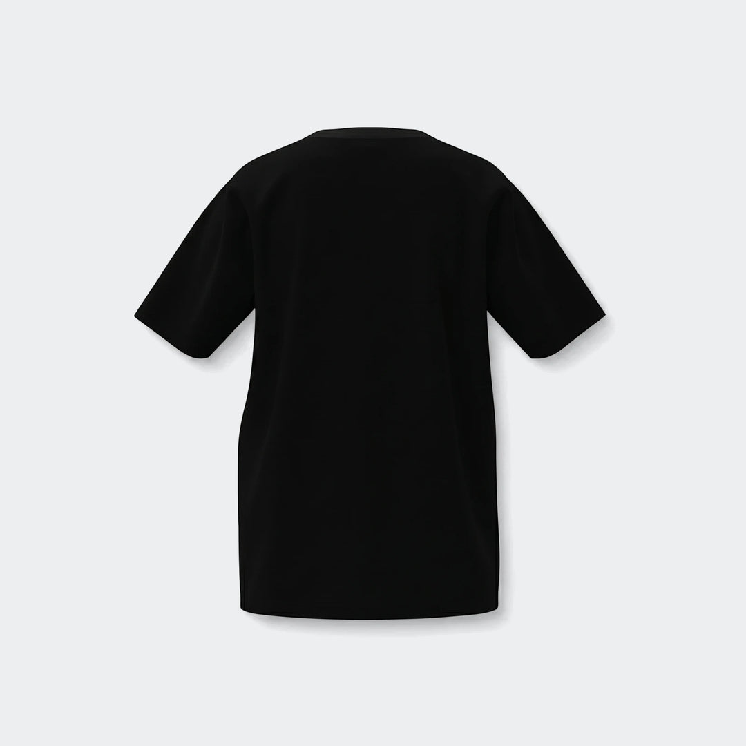 Black short sleeve t-shirt, plain back view, made from soft fabric. The U Bl 2 Tee in black.