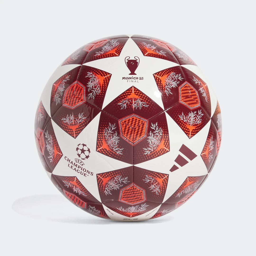 White and red Adidas UCL Club Munich 25 Final soccer ball, featuring UEFA Champions League logo and star panel design.