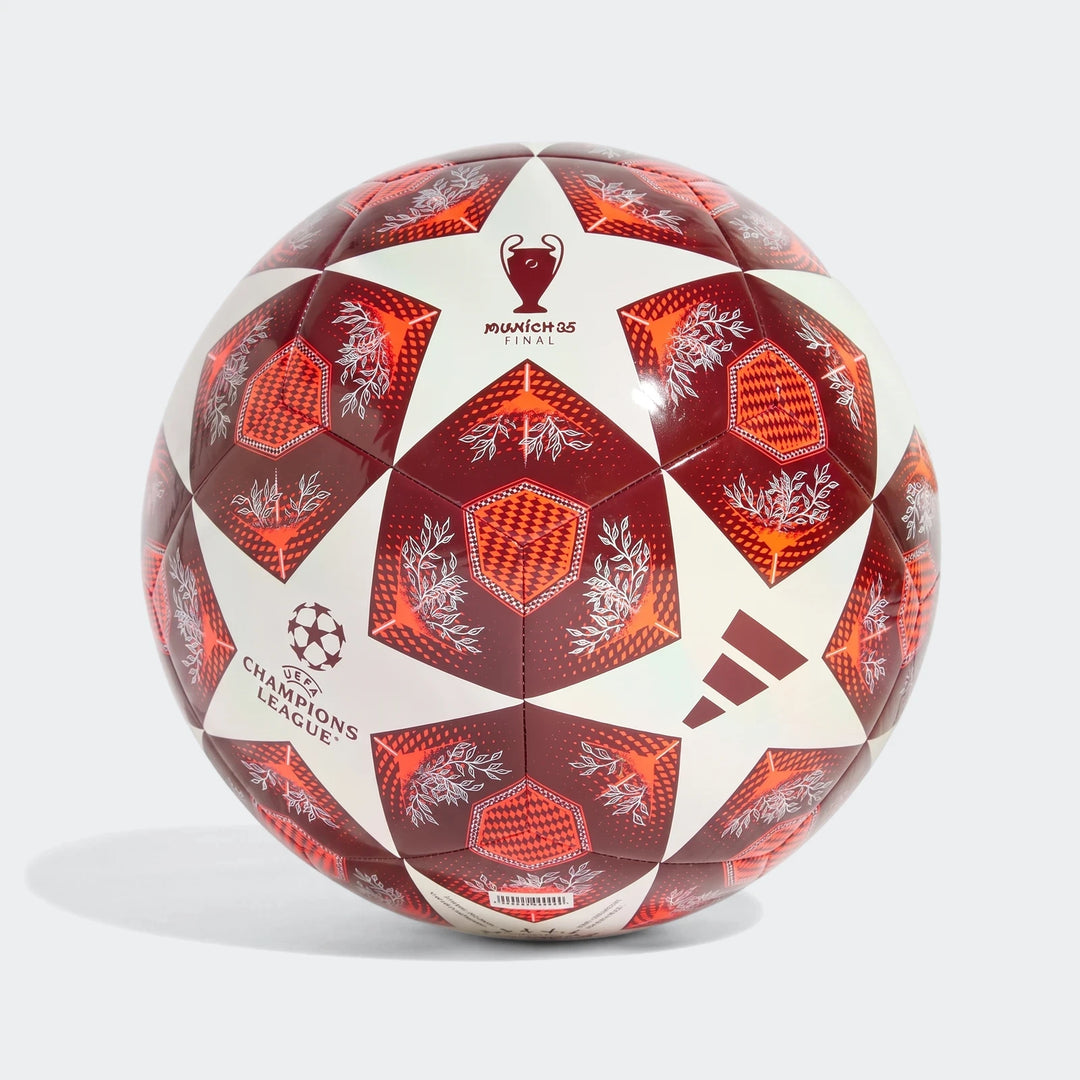 Ucl Club Size 4 soccer ball in red and white, featuring UEFA Champions League and Adidas logos, designed for matches.