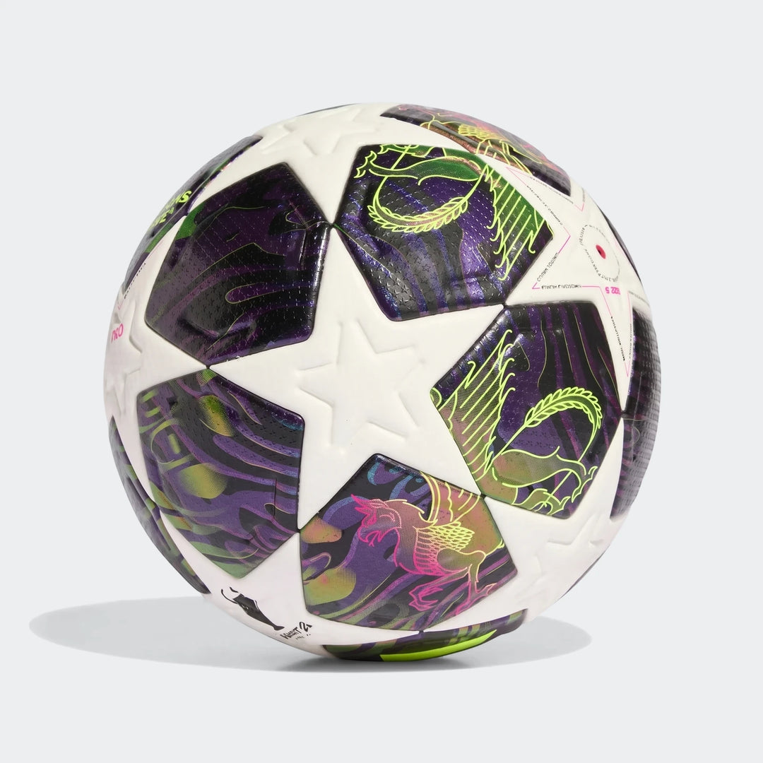 Ucl Pro Final Omb Fifa Quality Pro football in white, purple, and green with intricate patterns.