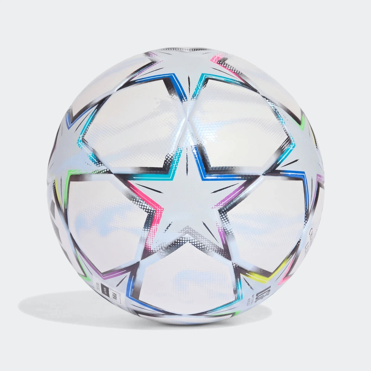 White Uefa Champions League 26/27 League Ball with vibrant star-shaped panels and detailed patterns, shown from a front view.