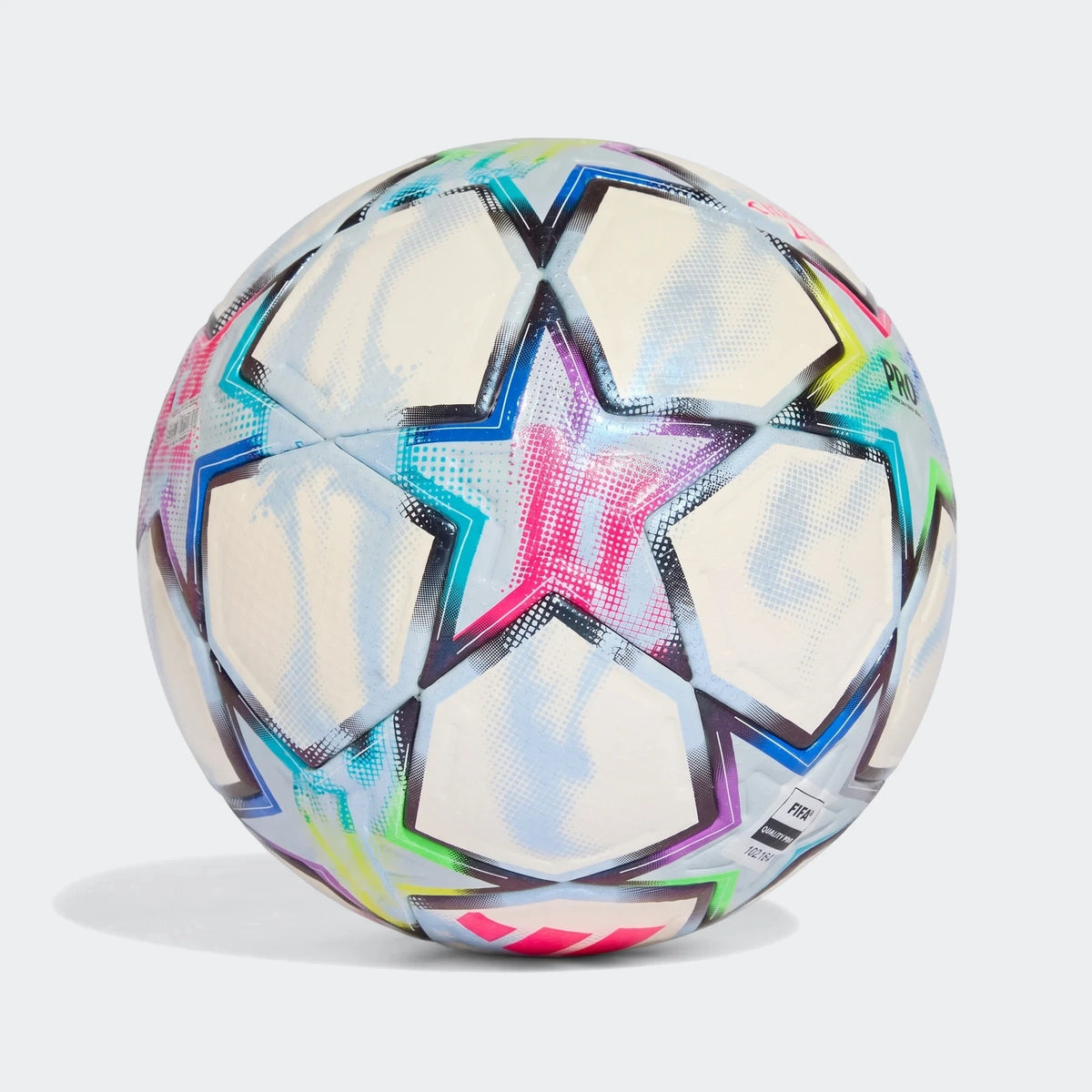 White Uefa Champions League 26/27 Pro Ball with vibrant, multicolored star patterns and geometric panels, front view.