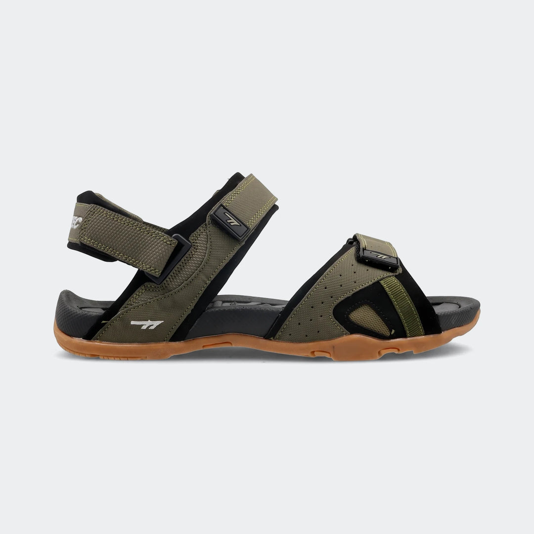 Men's Ula green and black sporty sandals, shown from a side view, featuring adjustable straps and a two-tone sole.