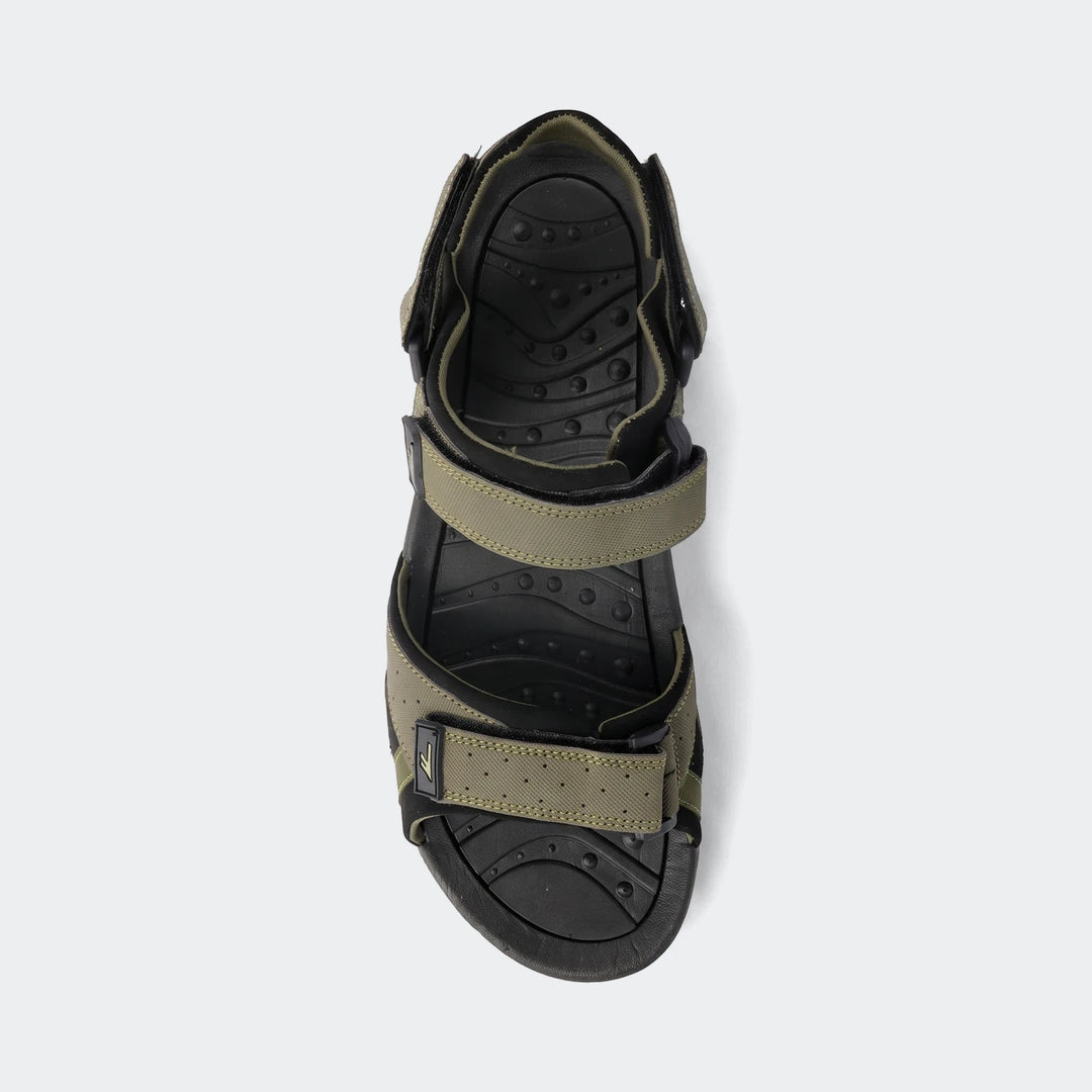 Ula green sandals with olive straps and cushioned footbed, open toe design, adjustable Velcro straps.