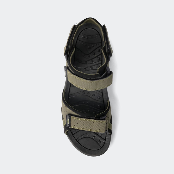 Ula green sandals with olive straps and cushioned footbed, open toe design, adjustable Velcro straps.