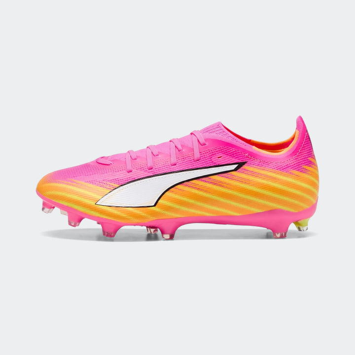 Unisex Puma Ultra 6 Match FG/AG football boots in vibrant pink and orange with yellow stripes and a white Puma logo, side