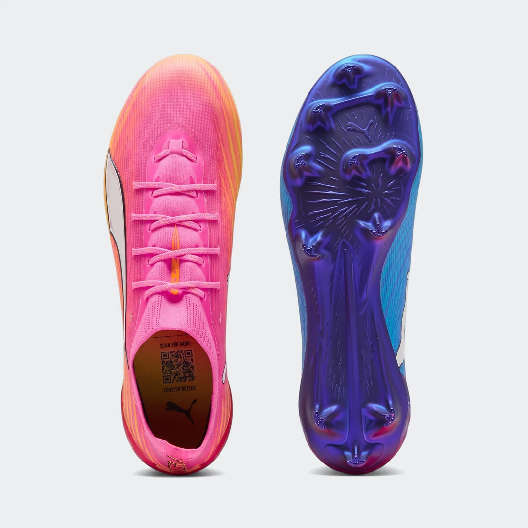Unisex Puma Ultra 6 Ultimate Fg football boots, one in vibrant pink-orange gradient and the other in blue-purple iridescent,