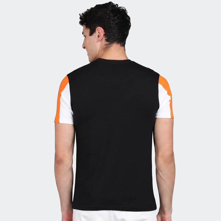 Men's Urbano Set black, orange, and white color-blocked short-sleeve t-shirt, shown from the back view on a model.