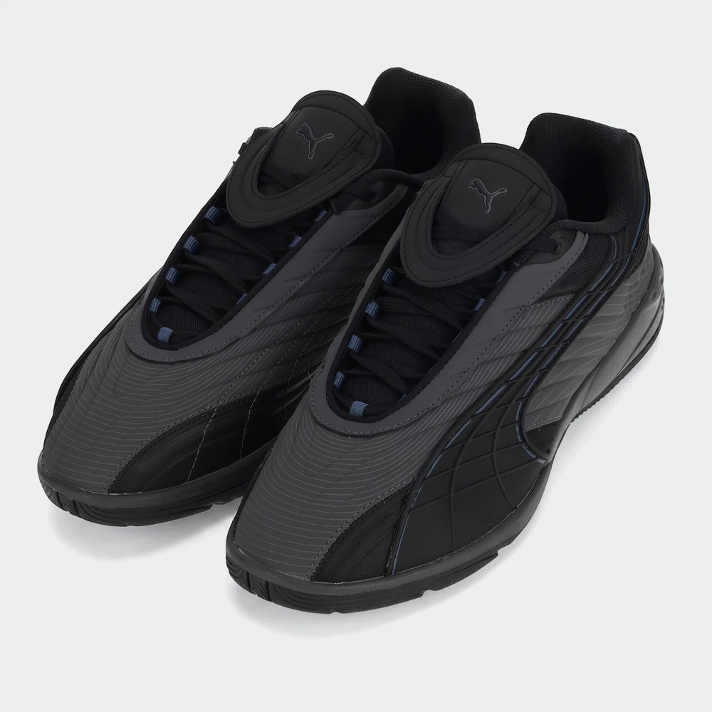 A pair of Puma V-S2 Tactical sneakers in black and dark gray, viewed from the front-left on a white background.