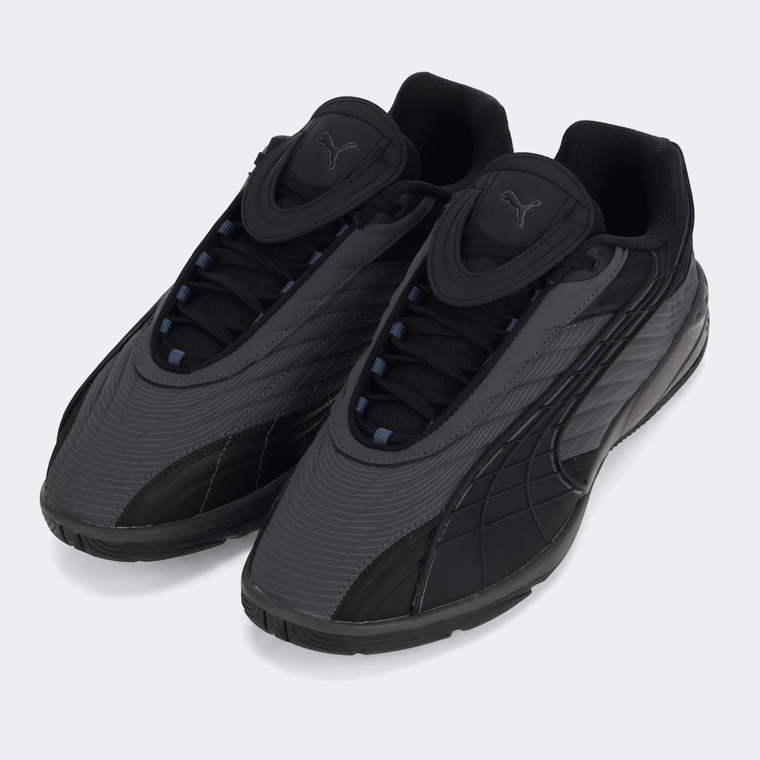 A pair of Puma V-S2 Tactical sneakers in black and dark gray, viewed from the front-left on a white background.