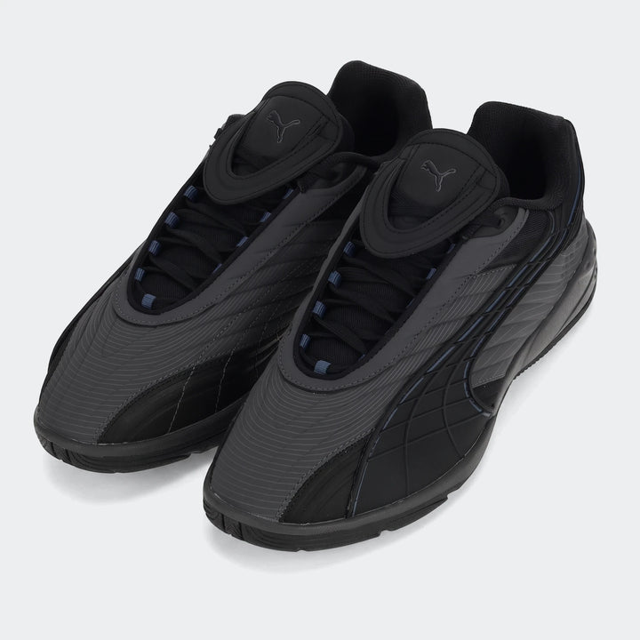 A pair of Puma V-S2 Tactical sneakers in black and dark gray, viewed from the front-left on a white background.