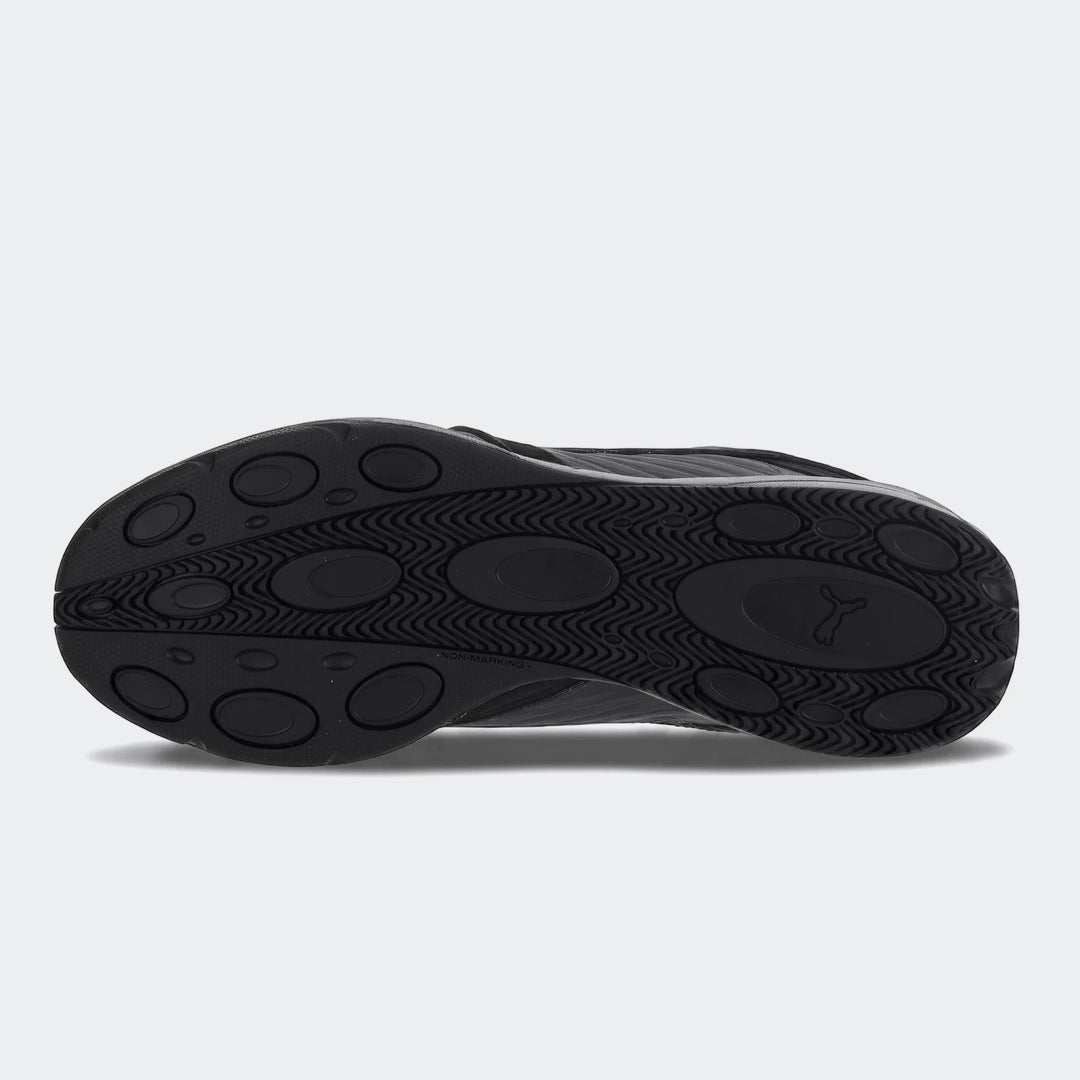 Black V-S2 Tactical Puma sneakers, shown from the bottom displaying the textured rubber sole with PUMA logo.