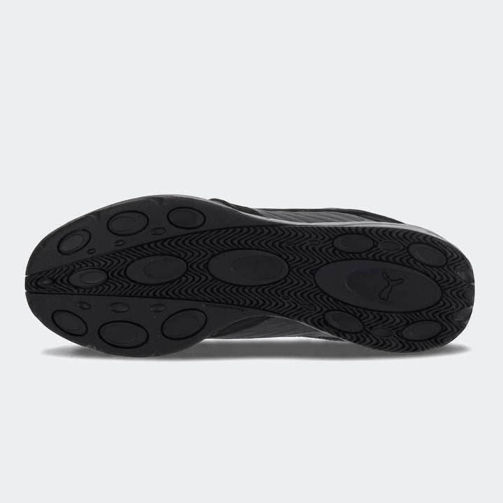 Black V-S2 Tactical Puma sneakers, shown from the bottom displaying the textured rubber sole with PUMA logo.
