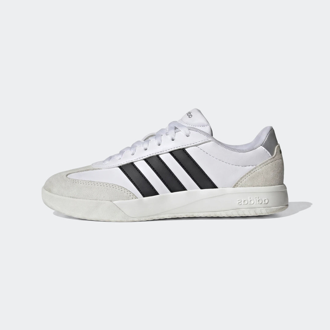 Vl Court Fc Ft White Sneakers with black stripes on the side, featuring a light grey suede toe and heel, viewed from the
